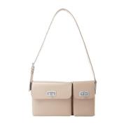 Semi Patent Leren Schoudertas met Twee Compartimenten By FAR , Beige ,...