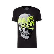 Zwart T-shirt met kleurrijke merkletters en schedel Philipp Plein , Bl...
