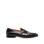 Dubbele gesp leren mocassins met leren zool Santoni , Black , Heren