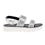 Zilver Wit Glitter Platte Sandalen voor Vrouwen Pollini , Gray , Dames