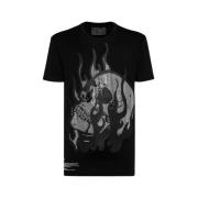 Zwart T-shirt met brandende schedel en str decoratie Philipp Plein , B...