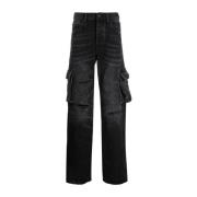 Zwarte Jeans met Distressed Effect en Wijde Pijpen Purple Brand , Blac...