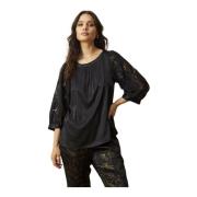 Roza Blouse met Prachtige Kantmouwen IN Front , Black , Dames