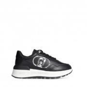 Zwarte Leren Sneakers met Pailletten Logo Liu Jo , Black , Dames