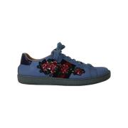 Blauwe Leren Sneakers met Bloemen Pailletten Gucci Vintage , Blue , Da...