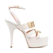 Beige Sandalen met Hoge Hak en Logo Motief Moschino , Beige , Dames