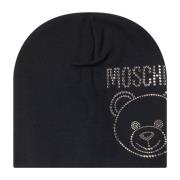 Zwarte Wollen Hoed met Strass Logo Moschino , Multicolor , Dames