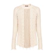 Distressed Cable-gebreide Trui Balmain , Beige , Heren