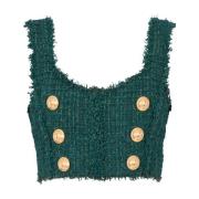 Mouwloze Tweed Crop Top met Gouden Details Balmain , Green , Dames