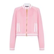 Cropped knitted varsity jacket with striped details Balmain , Pink , D...
