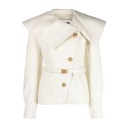 Witte Wollen Jas met Riem en Gouden Knopen Balmain , White , Dames