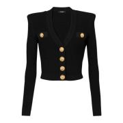 Gecropte, ontworpen gebreide cardigan met goudkleurige knopen. Balmain...