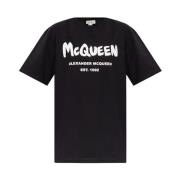 Logo Print Zwarte Katoenen T-shirt Alexander McQueen , Black , Dames