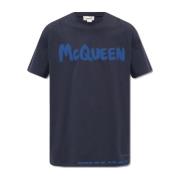 Bedrukt T-shirt met logodetail Alexander McQueen , Blue , Heren