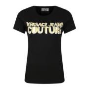 Zwart dames T-shirt met gouden logo Versace Jeans Couture , Black , Da...