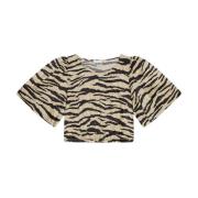 Zebra Print Gekreukeld Crop T-Shirt Ganni , Beige , Dames