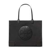 Zwarteylon Tote Tas met Leren Details Tory Burch , Black , Dames