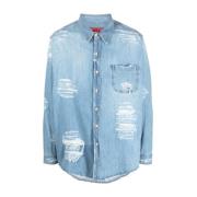 Vernielde denim overhemd met knoopsluiting 424 , Blue , Heren