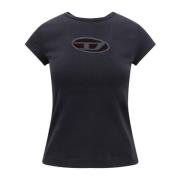 Stretch katoenen T-shirt met Cut-Out Logo Diesel , Black , Dames