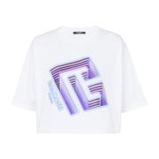 Crop T-shirt met neon bedrukt labyrintlogo Balmain , White , Dames