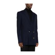 Navyblauwe Dubbelrij Wol Blazer Balmain , Blue , Heren