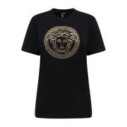 Logo Print Katoenen T-Shirt Versace , Black , Dames