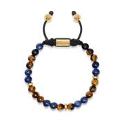 Men's Beaded Bracelet with Dumortierite, Brown Tiger Eye and Gold Nial...