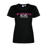 Logo Print Crew Neck T-shirts en Polos Pinko , Black , Dames