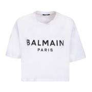 Wit Logo Crop T-Shirt Balmain , White , Dames