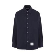 Blauwe Oversize Flanellen Shirt met Logo Label Thom Browne , Blue , He...