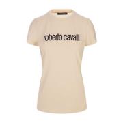 Ivoor Stretch Katoenen T-shirt met Logo Borduursel Roberto Cavalli , W...