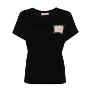 Zwart T-shirt met Logo Patch en Rhinestone Versiering Twinset , Black ...