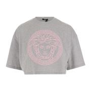 Grijze Katoenen Crop T-shirt met Logo Detail Versace , Gray , Dames