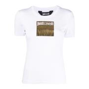 Witte korte mouwen katoenen T-shirt met gouden print en logo Just Cava...