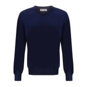 Blauwe Trui met V-Hals en Ribboorden Brunello Cucinelli , Blue , Heren