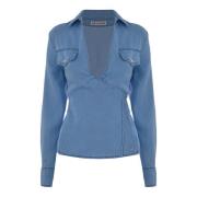 Lyocell V-hals Blouse Kocca , Blue , Dames