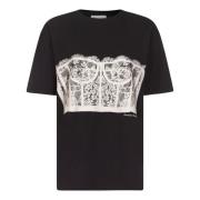 Zwart oversized T-shirt met kanten korsetprint Alexander McQueen , Bla...