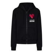 Zwarte zip-up hoodie met hartprint Moschino , Black , Dames