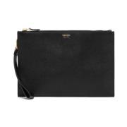 Zwarte Gehamerde Leren Clutch met Gouden Hardware en Afneembare Polsba...