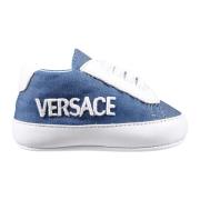 Denim Veterschoenen met Geborduurd Logo Versace , Blue , Unisex
