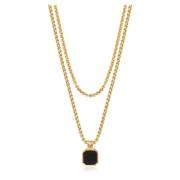 Gold Necklace Layer with 3mm Box Chain and Onyx Square Necklace Nialay...