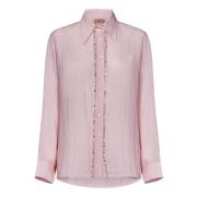 Roze Linnen Overhemd met Kristallen Versiering N21 , Pink , Dames