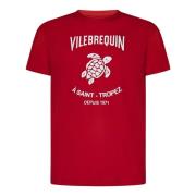 Rode Geribbelde Crew Neck T-Shirt met Schildpad Logo Vilebrequin , Red...