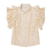 Vrouwelijke Top met Ruffle Mouwen en Overhemdkraag Munthe , Beige , Da...