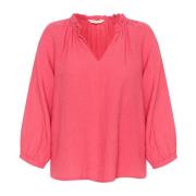 Claret Red Linnen Blouse met Ruchedetail Part Two , Pink , Dames