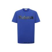 Blauw Katoenen T-Shirt met Logo Print Alexander McQueen , Blue , Heren