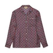 Blauwe Zijden Twill Overhemd met Ivoor en Rode Print Gucci , Multicolo...