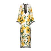 Bloemen Kimono Jurk met Zwart Borduurwerk Dolce & Gabbana , Yellow , D...