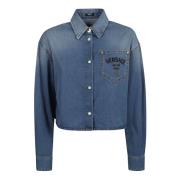 Denim Logo Geborduurde Stone Wash Shirt Versace , Blue , Dames