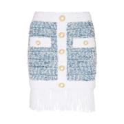 Powder Blue Tweed Rok met Franje Detail Balmain , Blue , Dames